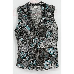 Cato Womens Sleeveless Surplice Top Tropical Floral Black Turquoise Shimmer Sz L